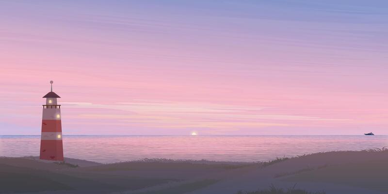 Minimalist seashore landscape with lighthouse at sunset flat design graphic illustration. Coastline with beacon have twilight sky background.