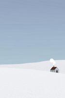 Minimalist snowscape with log cabin graphic illustration. Merry Christmas and Happy New Year greeting card vertical template have blank space. vector