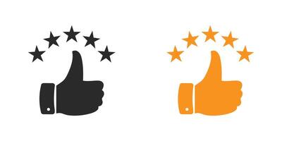 Review rating with 5 stars and thumb up feedback. Five star rating badge, review rating icon. vector