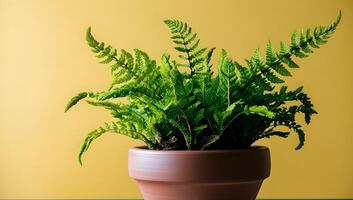 Minimalist Asparagus Fern in Clay Pot, Offset on Yellow photo