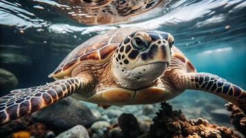 Turtle with rugged mosaic shell of earthy tones gracefully swimming in the depths of a crystal clear ocean photo