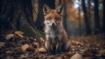 Cute young fox with red fur sitting amidst autumn forest photo