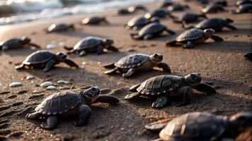 Serene scene of small adorable turtles crawling on the sandy beach near the edge of the crystal clear blue ocean photo