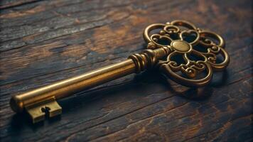 Vintage golden key intricately designed with baroque patterns lying on the wooden table photo