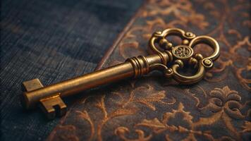 Vintage golden key intricately designed with baroque patterns photo