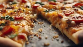 Close-up of a Delicious Pizza with Toppings and a Missing Slice photo