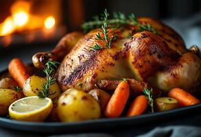 Roasted Chicken with Potatoes, Carrots, and Lemon photo