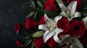 Condolences card with white lilies and red roses on black background, copy space photo