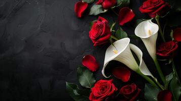 Condolences card with white calla lilies and red roses on black background photo