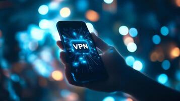 Hand holding smartphone with VPN logo on screen, digital security concept photo
