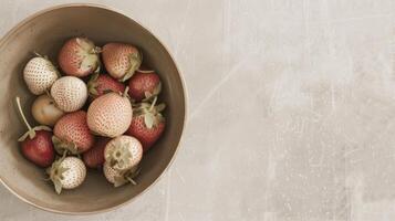 A bowl of ripe, red strawberries and white strawberries placed on a light, textured background. Healthy, fresh fruit ready to eat. photo