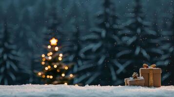 A serene winter scene featuring a decorated Christmas tree amidst softly falling snow and festive wrapped gifts. photo