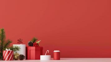 A festive arrangement of holiday gifts and decorations on a red background, perfect for celebrating the holiday season. photo