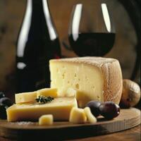 A rustic setup featuring a block of cheese, wine bottle, wine glass, grapes and mushrooms, cozy and elegant culinary photo