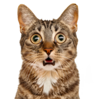 Surprised Tabby Cat with Wide Eyes and Open Mouth - Close-up of a Shocked Feline Expression cut out on transparent background png