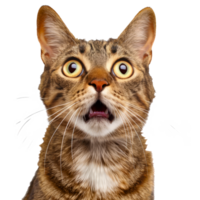 Surprised Tabby Cat with Wide Eyes and Open Mouth - Close-up of a Shocked Feline Expression cut out on transparent background png