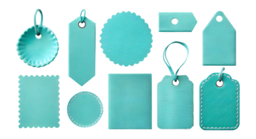Set of turquoise price tags in various shapes, isolated on transparent background png