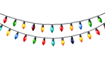 Christmas lights in multiple colors on black background, transparent png