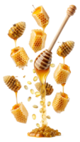 Honey dripping from honeycomb with honey dipper, isolated transparent png