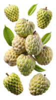 Ripe custard apples with leaves, floating on white, isolated transparent png