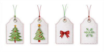 Four Christmas gift tags with trees and bows transparent png