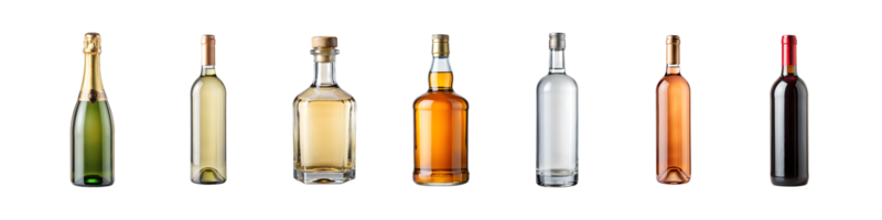 Assortment of different alcohol bottles, spirits and wines, transparent file png