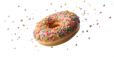 Single donut with pink icing and colorful sprinkles on black background, transparent png