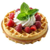 Belgian waffle with fresh raspberries, whipped cream, and mint garnish, isolated on white background, transparent png