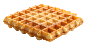 Close-up of a single golden waffle on white background, highlighting its crisp texture and perfect grid pattern, transparent file png
