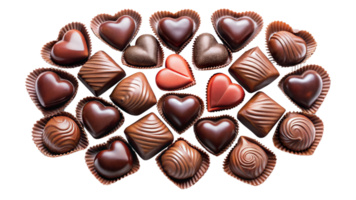 Assorted heart-shaped gourmet chocolates arranged in pattern, ideal for Valentines Day and confectionery themes, transparent file png