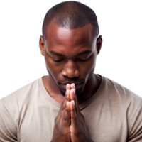Man in Deep Contemplation with Hands in Prayer Position cut out isolated PNG transparent