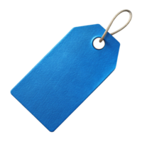 Blue price tag with rope loop isolated on black background, high-quality close-up image, cut out isolated PNG transparent