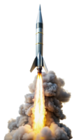 Powerful Rocket Launch with Fiery Trail and Dense Smoke cut out png on transparent background