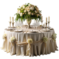 Elegant Wedding Reception Table with Floral Centerpiece and Candleholders, cut out isolated PNG transparent