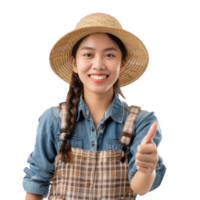 A young woman farmer wearing a straw hat and blue overalls is giving a thumbs up. She has a smile on her face and she is happy png
