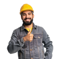 Smiling latin engineer man with thumb up isolated on transparent background png