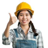 Smiling asian engineer woman in a helmet with thumb up isolated on transparent background png