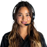 Smiling female customer service representative with headset, cut out transparent png