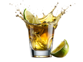 PNG shot of whiskey splash with lime slices isolated on transparent