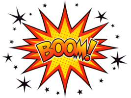 Colorful comic style explosion with the word BOOM in a dynamic design featuring starbursts, emphasizing excitement and energy, transparent png