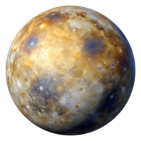Exploring the surface of Ganymede, the largest moon of Jupiter, showcasing its unique features and colors, transparent png