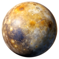 Detailed view of Ganymede, the largest moon of Jupiter, showcasing its textured surface and varied colors during a celestial observation event, transparent png