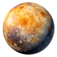 Magnificent view of the planet Mercury showcasing its textured surface and vibrant colors against the black backdrop of space, transparent png