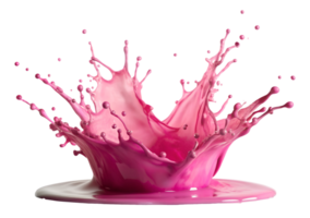 A vibrant splash of pink liquid creates an artistic pattern on a surface, showcasing dynamic motion and color contrast, transparent png