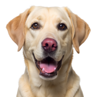 A happy yellow Labrador retriever with an enthusiastic expression posing against a plain white background, transparent png
