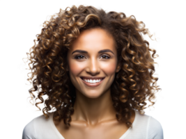 A joyful woman with curly hair smiles brightly against a plain white background in a casual setting, transparent png