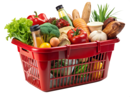 Fresh fruits and vegetables in a red basket ready for a healthy meal preparation at a local market, transparent png