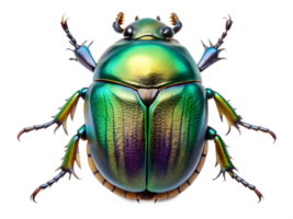 Close-up of a vibrant green beetle showcasing iridescent colors on a white background, highlighting its detailed features and unique shape, transparent png