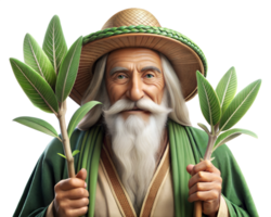 An elderly man in traditional attire holds branches while standing against a plain background, embodying nature's spirit and wisdom, transparent png