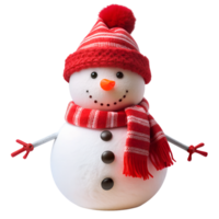 A cheerful snowman wearing a red striped hat and scarf stands in a winter setting, smiling with coal button eyes and twig arms, transparent png